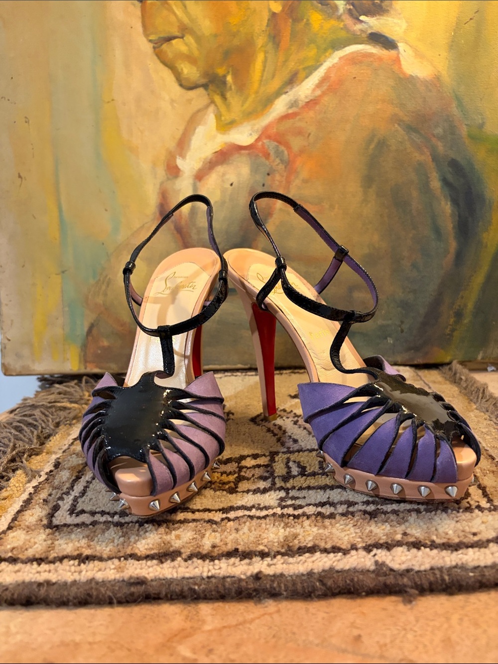 Christian Louboutin Purple and Black Studded Slingback Platform Heels SZ 36